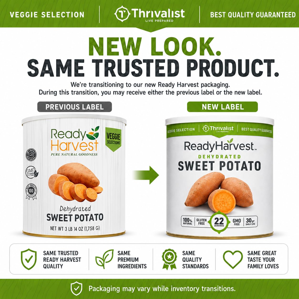 Ready Harvest open #10 can with dehydrated sweet potatoes offering long storage benefit