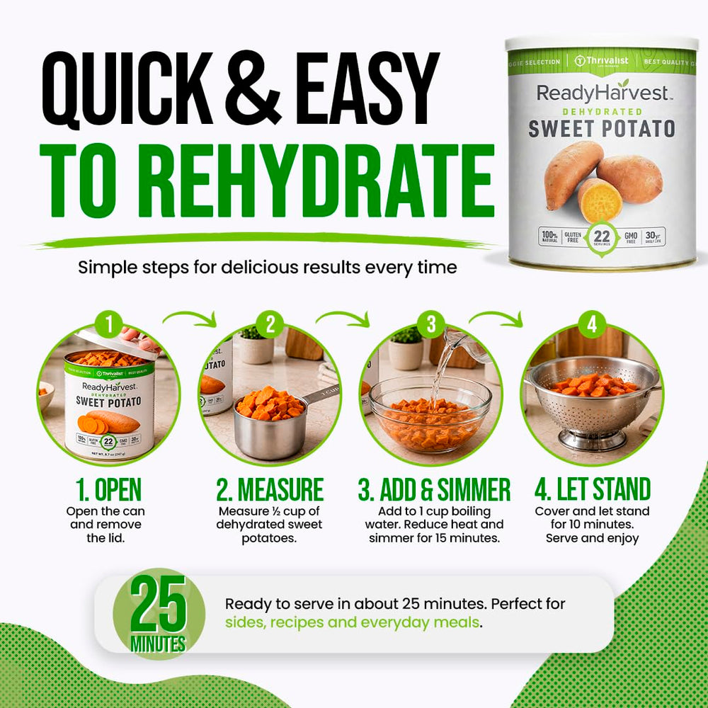 Measuring cup with dehydrated Ready Harvest sweet potatoes illustrating simple ratio