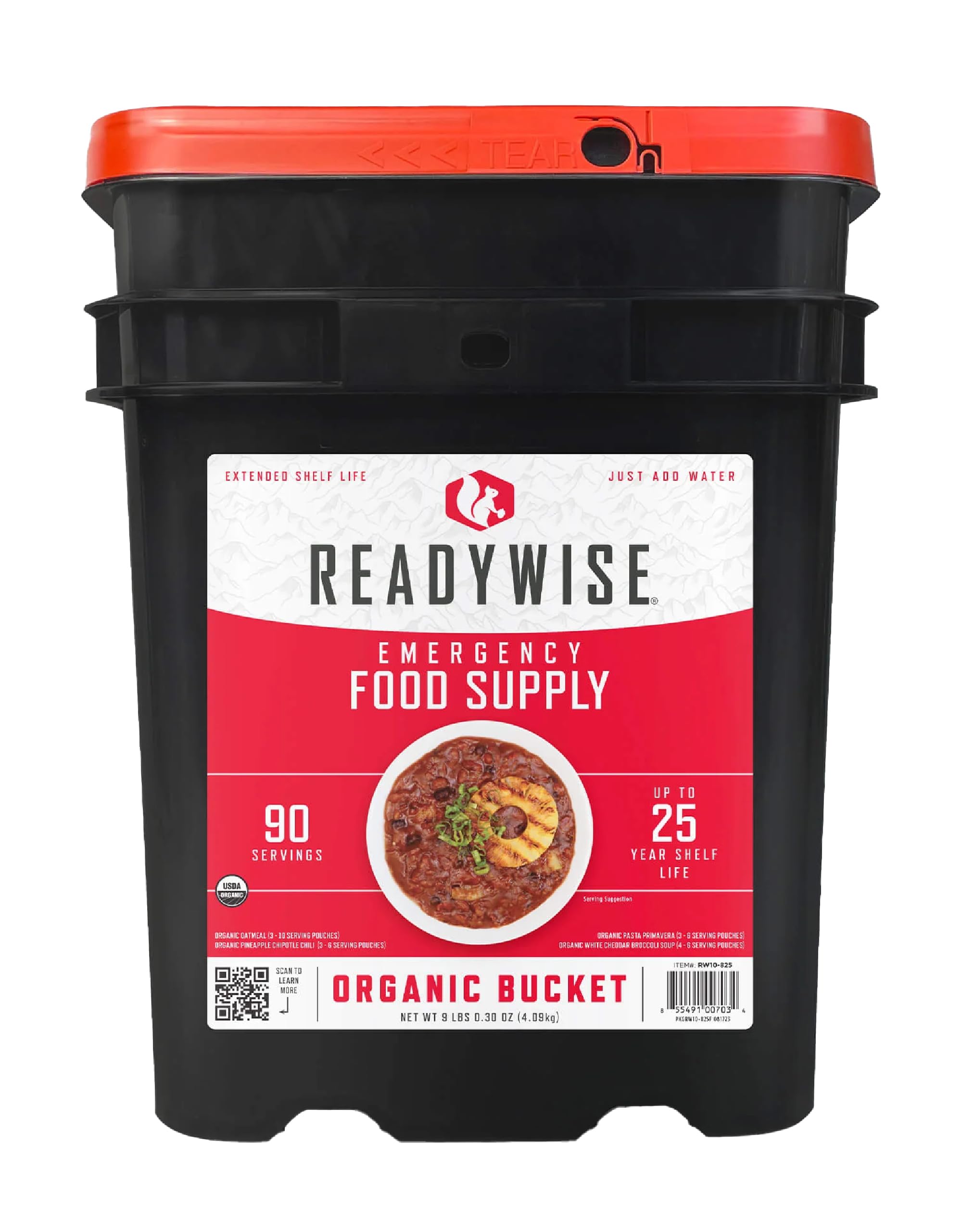 ReadyWise organic bucket front packaging showing brand and serving count benefit