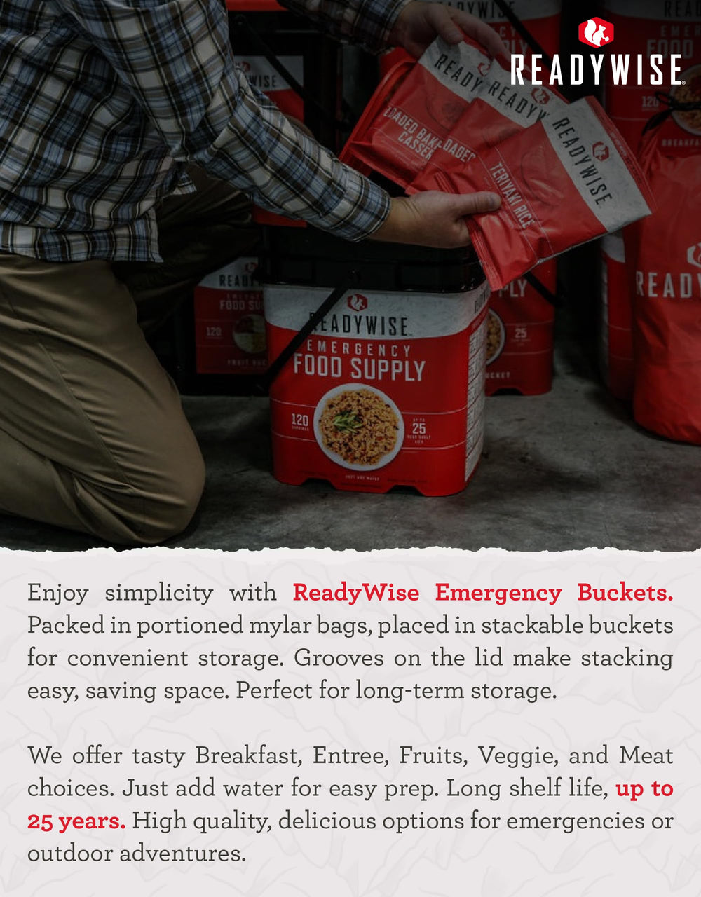 ReadyWise stacked buckets in pantry lifestyle showing space-saving organization