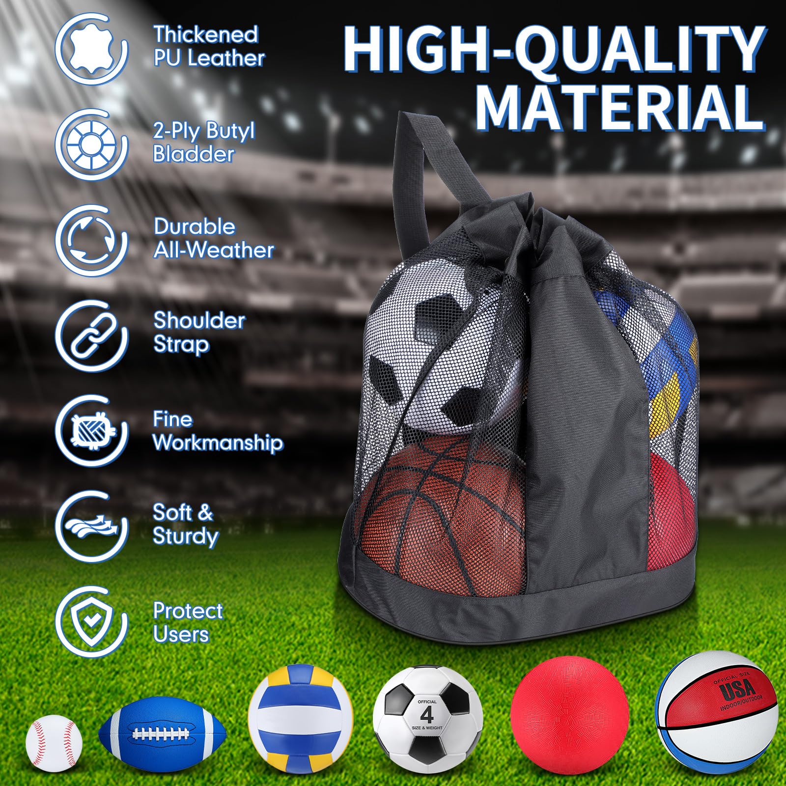 Realspring mesh bag holding six balls illustrating easy transport and breathable storage