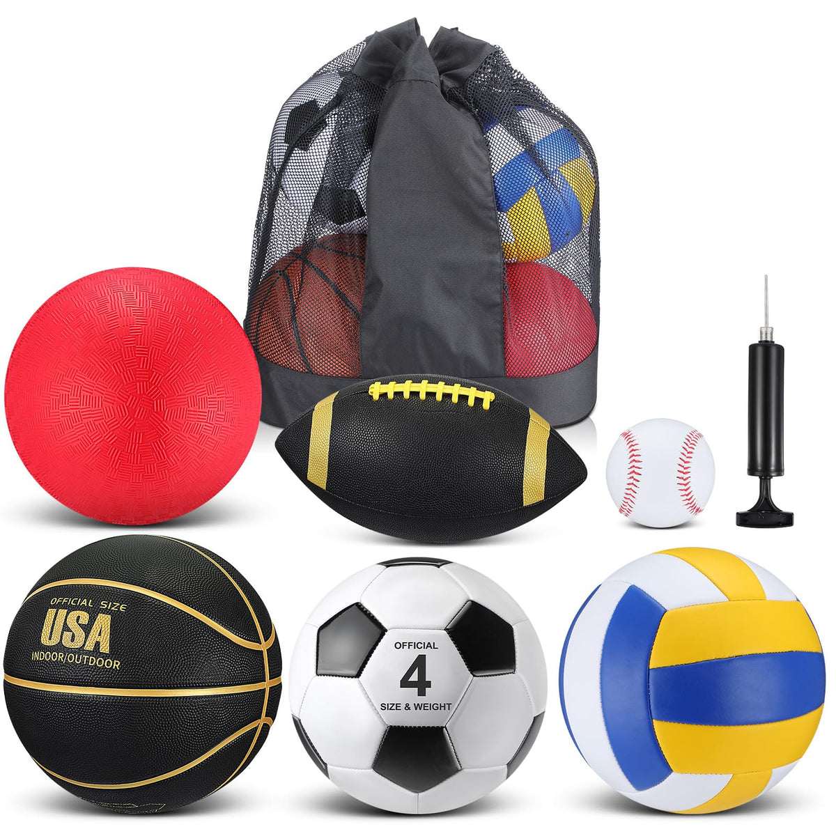 Realspring front view of full sport ball kit showing included items for quick play