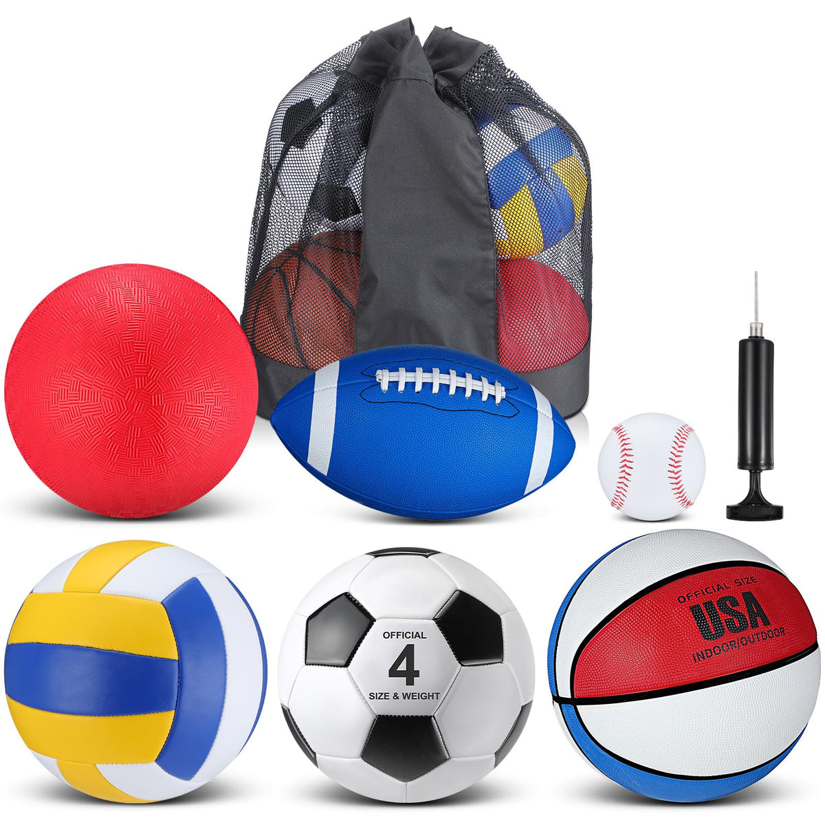 Realspring front view of blue sports balls set showing all included items and portability