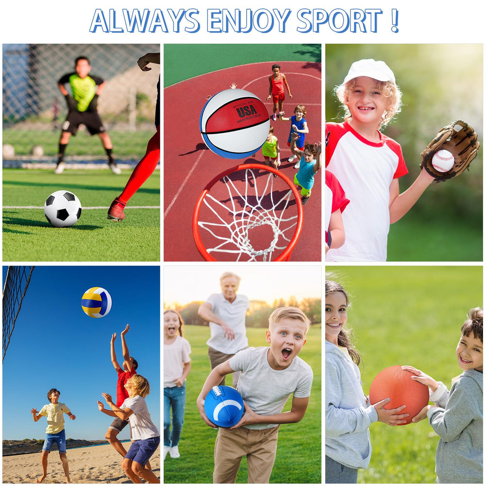 Realspring lineup showing relative youth sizes for basketball, soccer, football, and more
