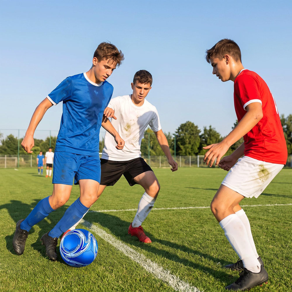 Realspring ball next to youth player's foot illustrating appropriate size and control