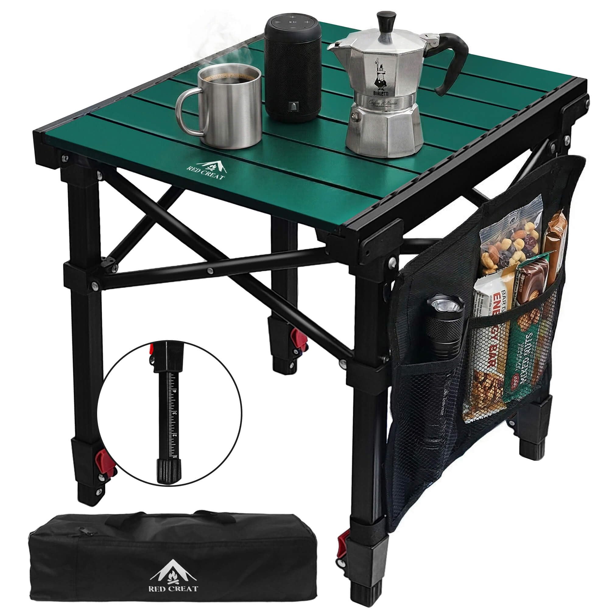 RED CREAT front view of packed table showing compact carry bag and portability benefits