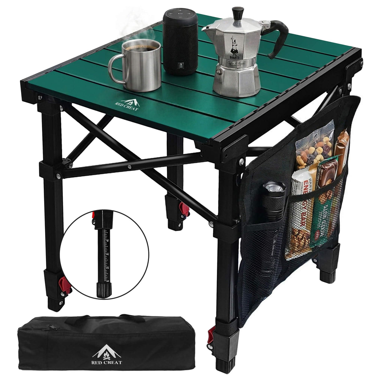 RED CREAT front view of packed table showing compact carry bag and portability benefits
