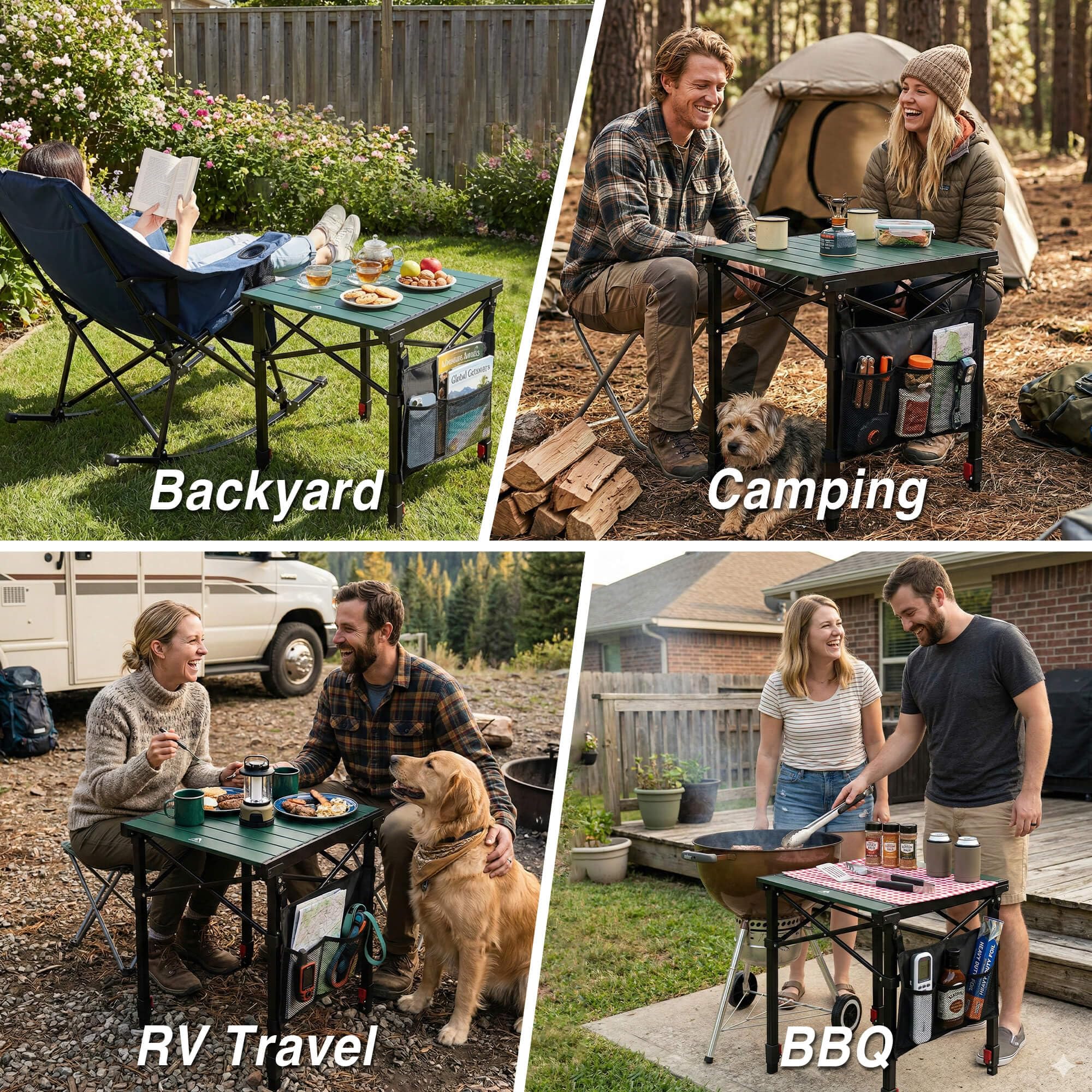 RED CREAT table supporting a grill to demonstrate 130 lb capacity and strength