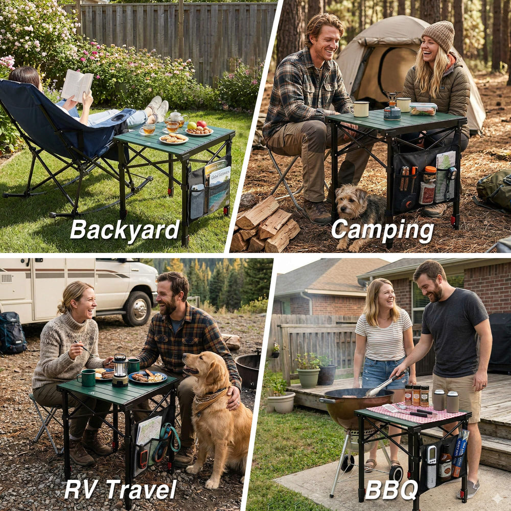 RED CREAT table supporting a grill to demonstrate 130 lb capacity and strength