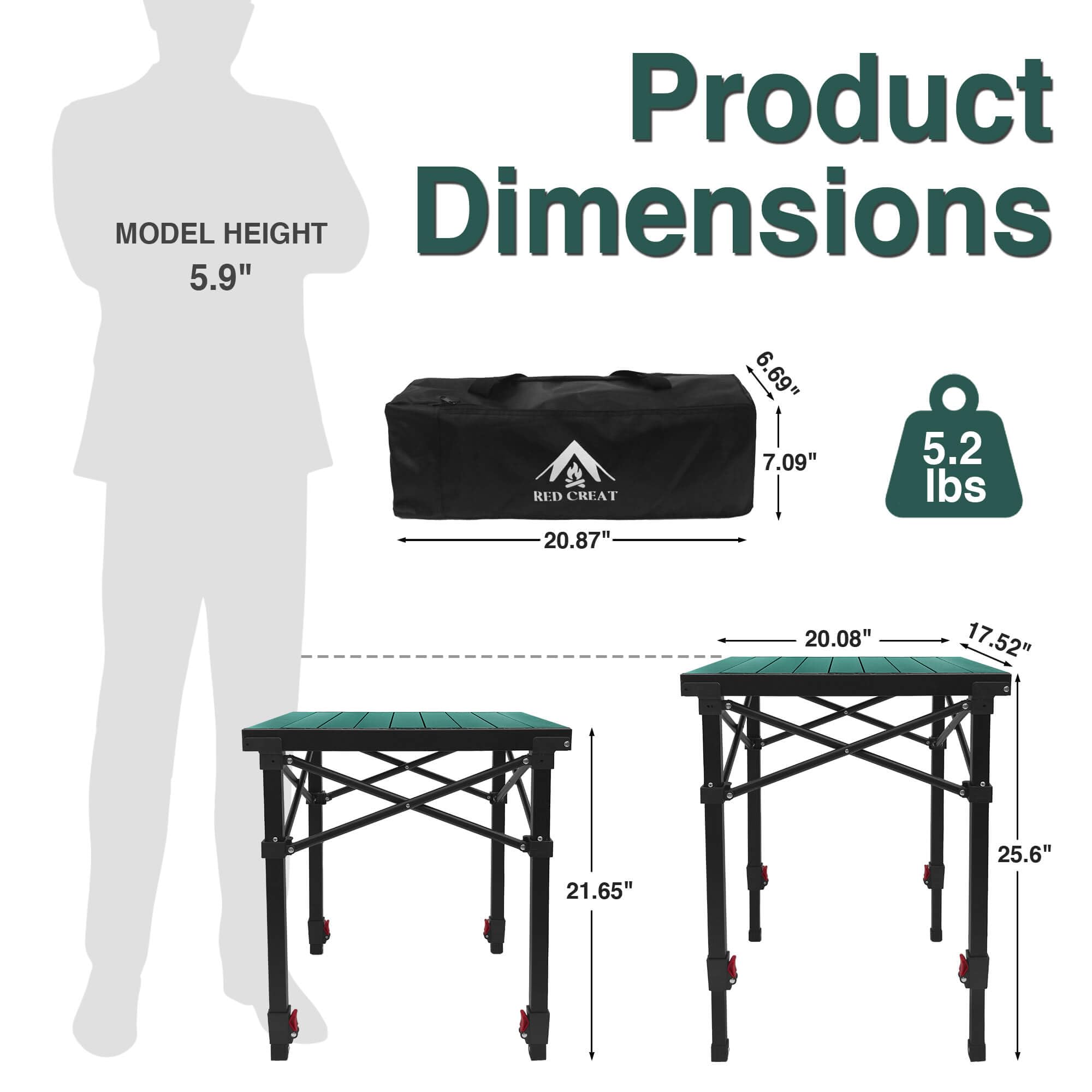 RED CREAT folded table beside camp chair to show compact size and scale