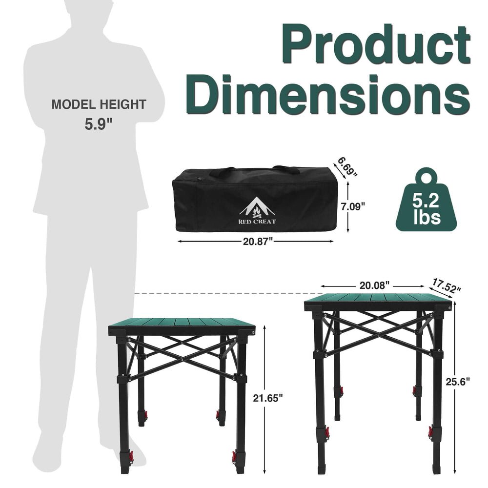 RED CREAT folded table beside camp chair to show compact size and scale