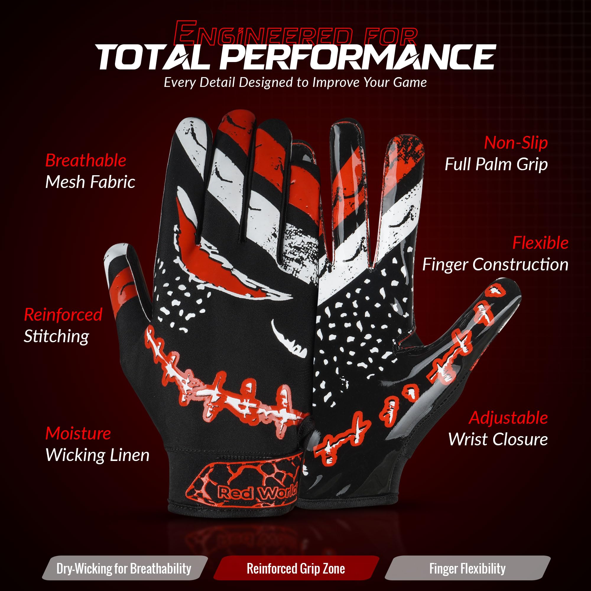 RED WORLD backhand compression detail showing flexible support benefit
