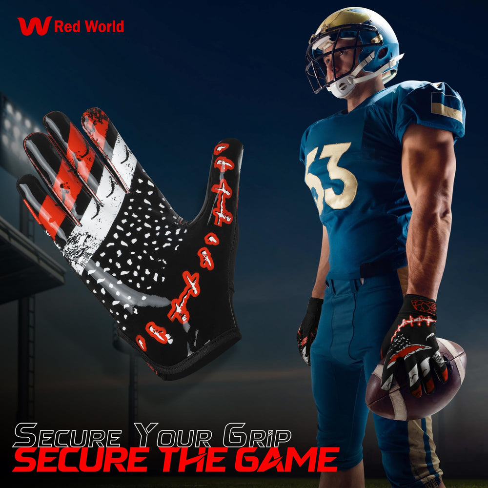 RED WORLD gloves on field lifestyle shot showing game-ready style benefit