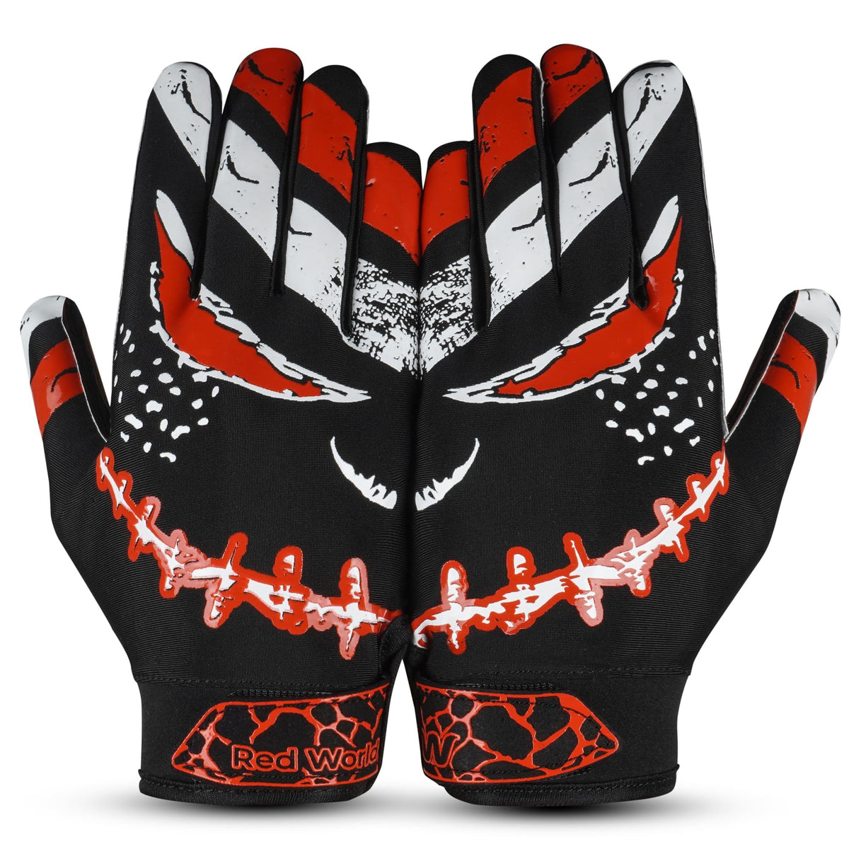 RED WORLD front view of black youth-medium gloves showing sleek design and fit