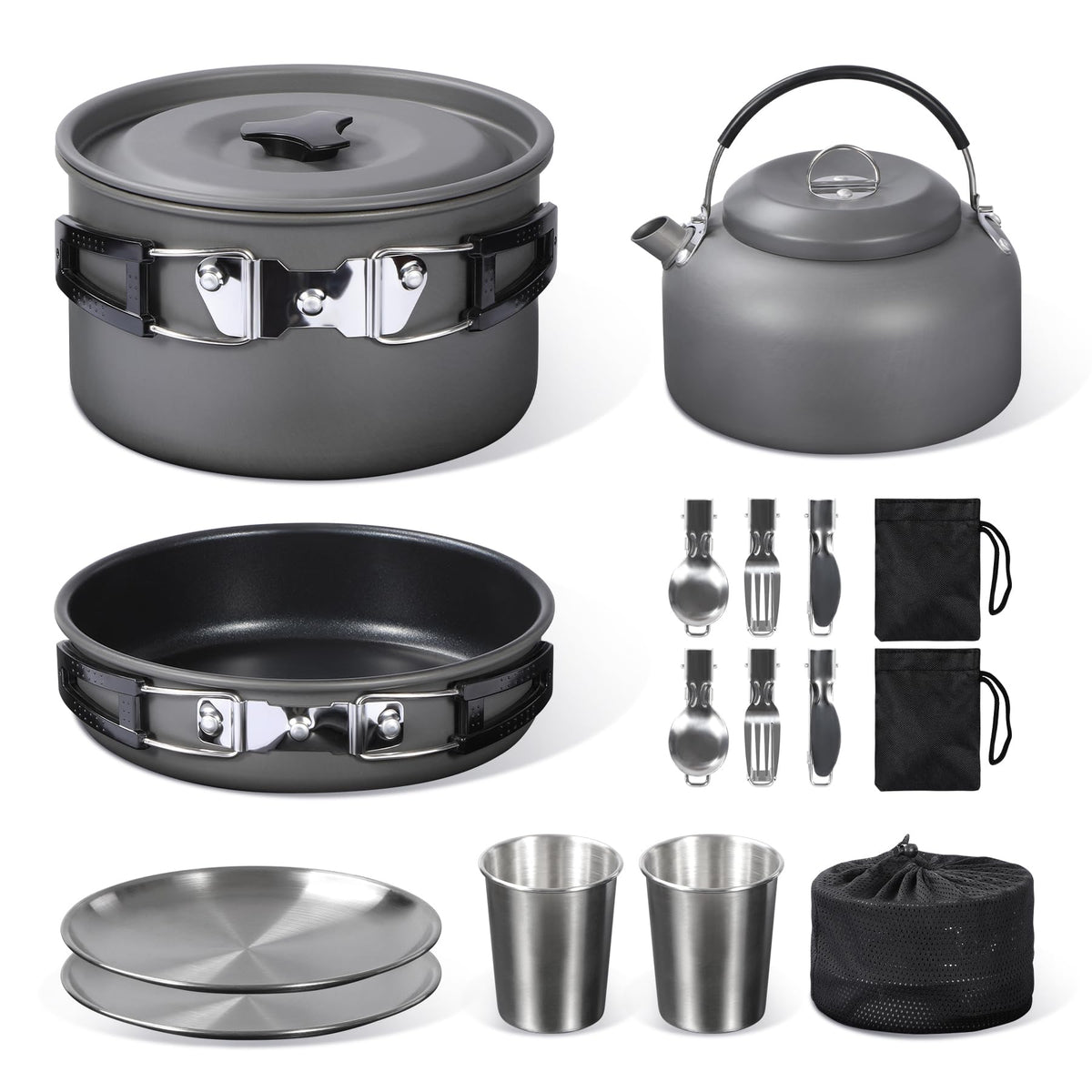 REDCAMP front view of full cookware set showing included pieces and easy portability
