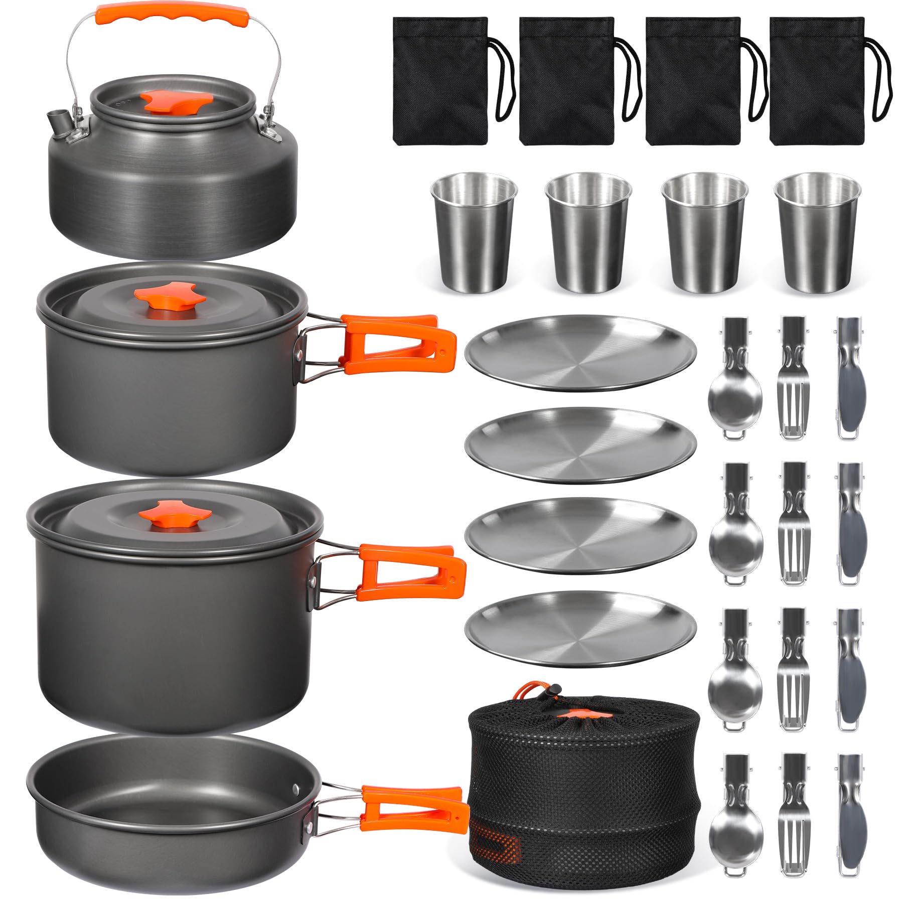 REDCAMP front view of full 25PCS kit showing organized camping cookware benefits