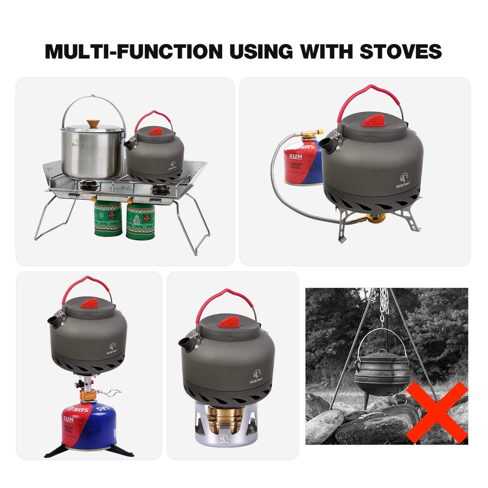 REDCAMP kettle beside backpacking stove to show scale and campsite-ready portability