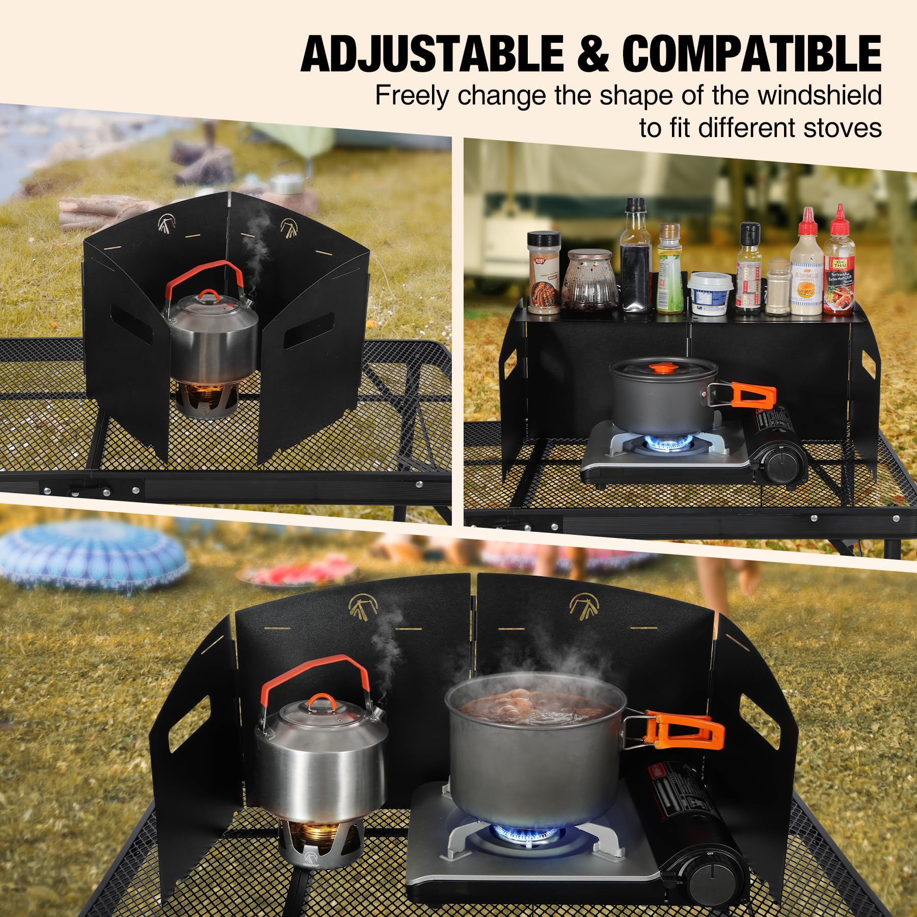 REDCAMP windscreen bent to sit stable on rocky uneven ground for campsite use