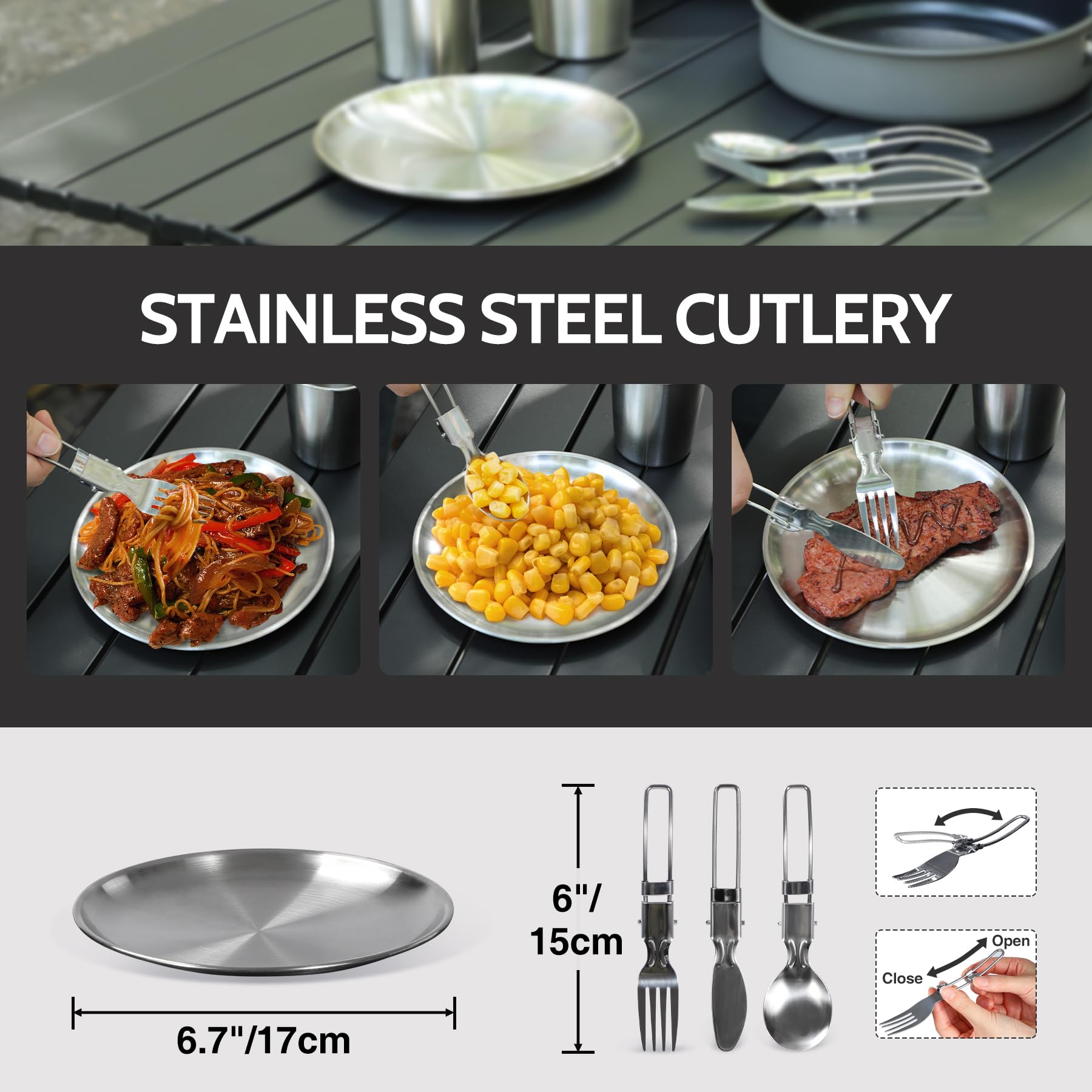 REDCAMP stacked plates and cups showing space-saving nesting and serving readiness
