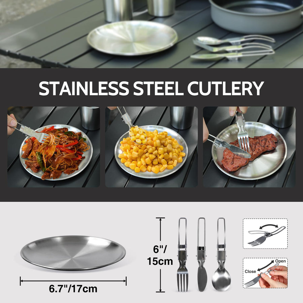 REDCAMP stacked plates and cups showing space-saving nesting and serving readiness