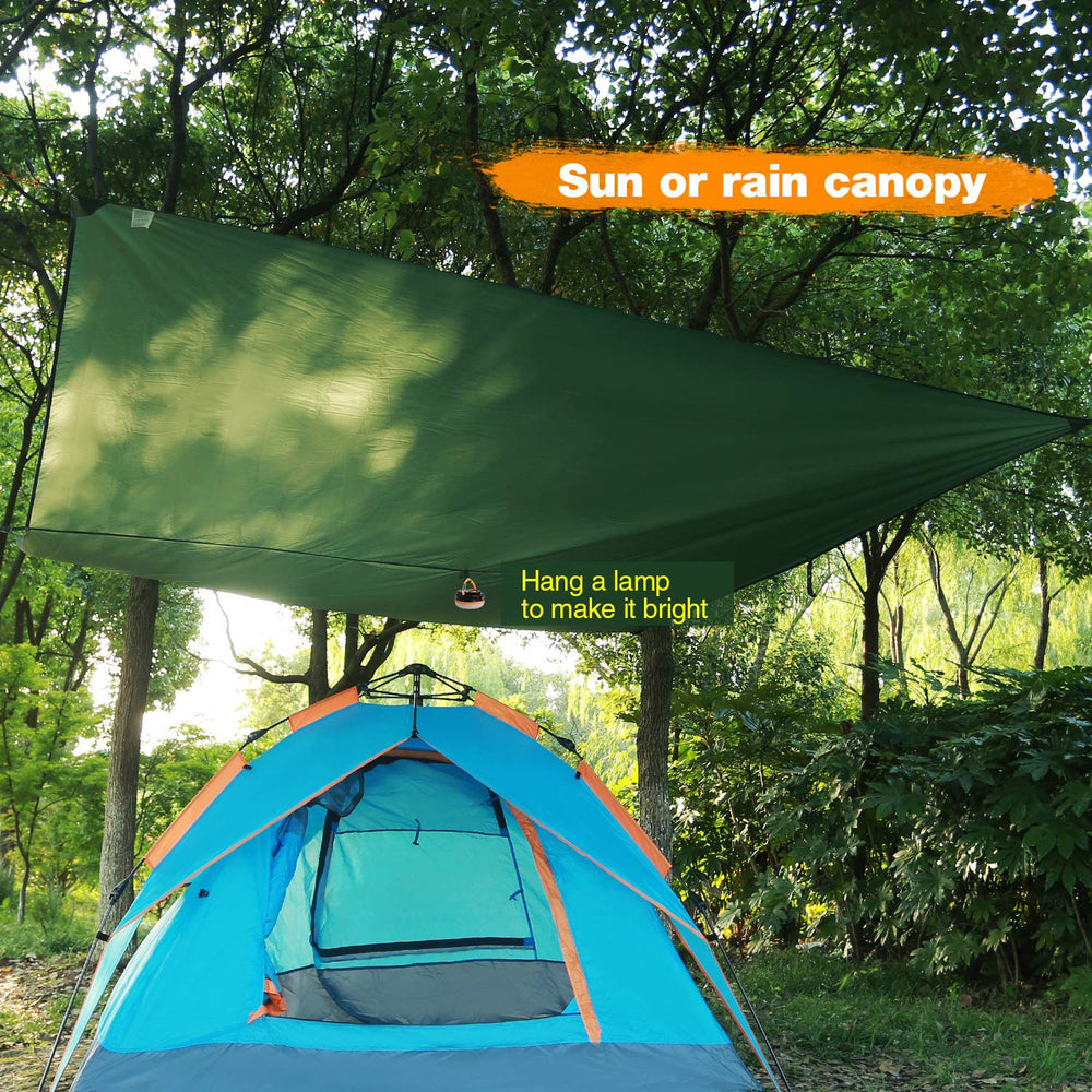 REDCAMP tarp set up over hammock providing dry shelter and shade
