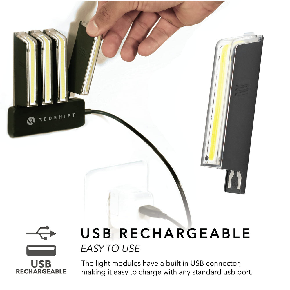 REDSHIFT magnetic USB charging hub and cable showing simultaneous recharge of all LED modules