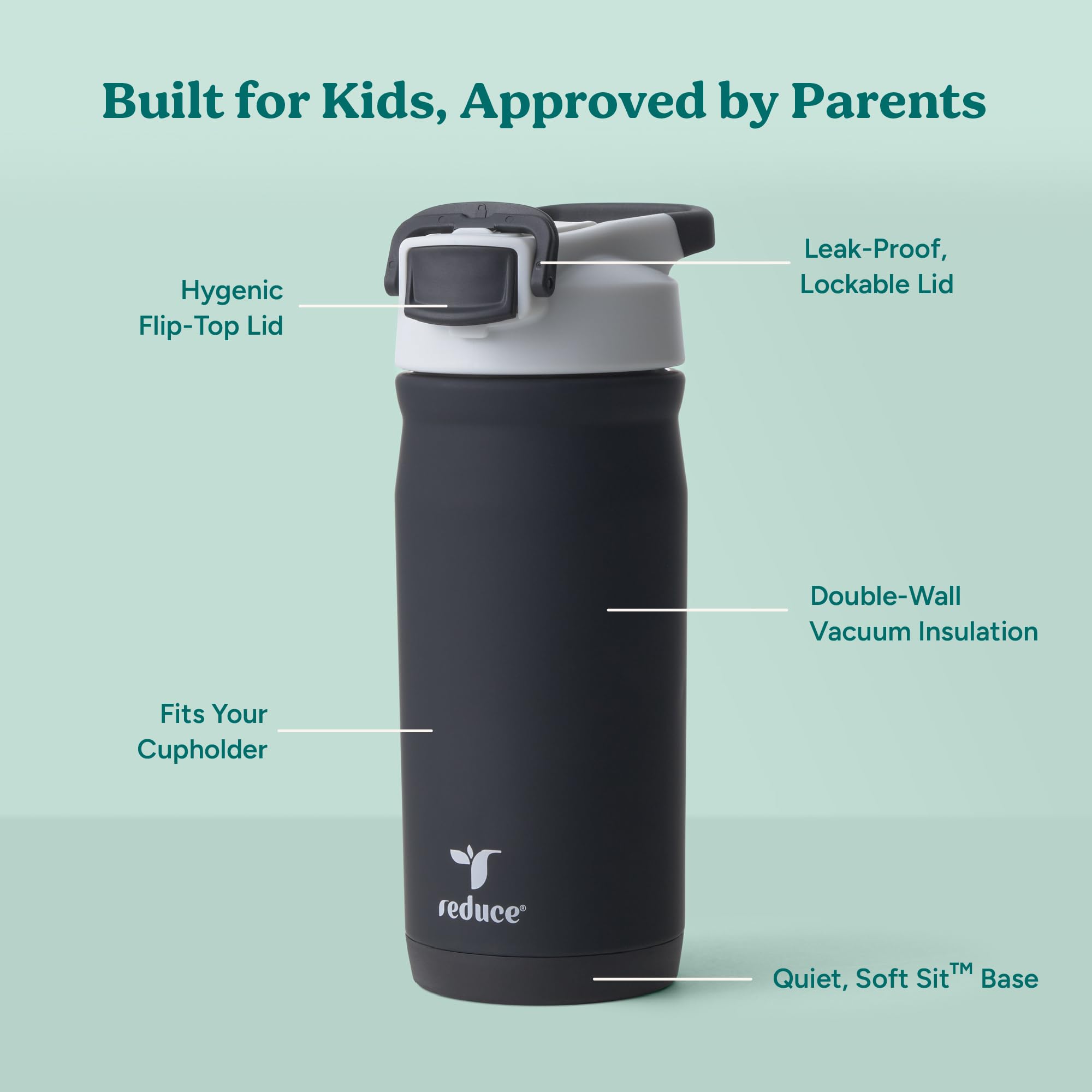 REDUCE side profile next to a ruler showing scale and kid-friendly 14oz capacity benefit
