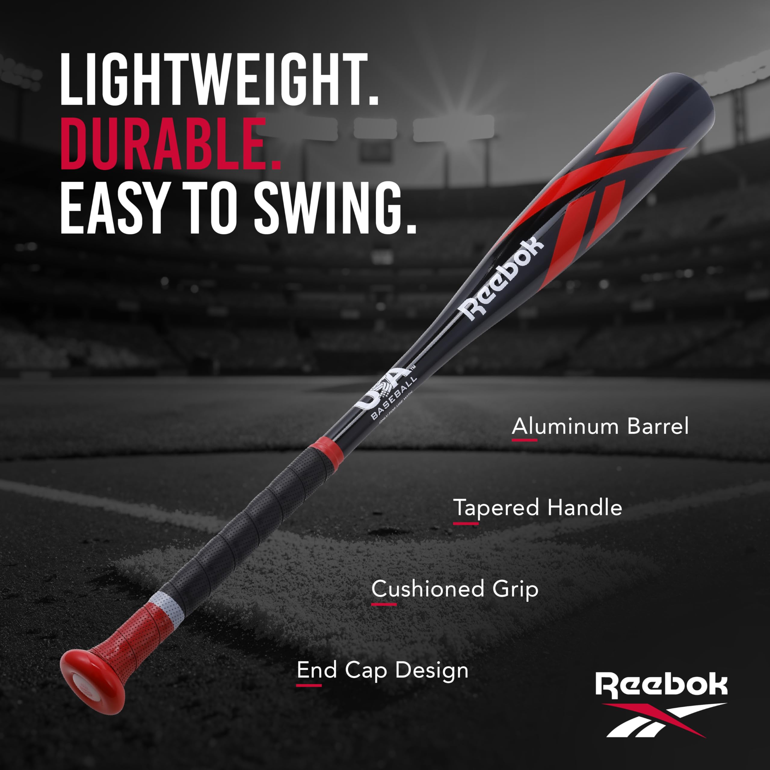 Reebok polished aluminum barrel close-up highlighting wide sweet spot benefit