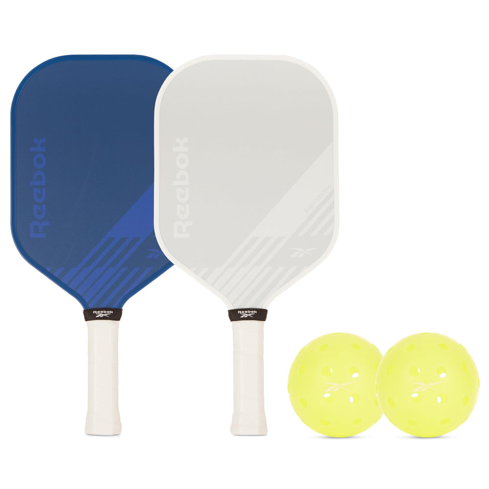 Reebok front view of paddles and balls showing complete set and ready-to-play benefits