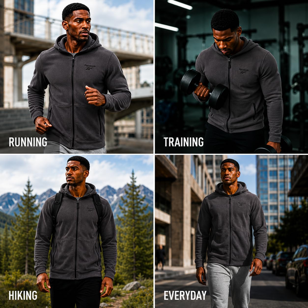 Reebok hood with drawcord demonstrated for wind protection benefit