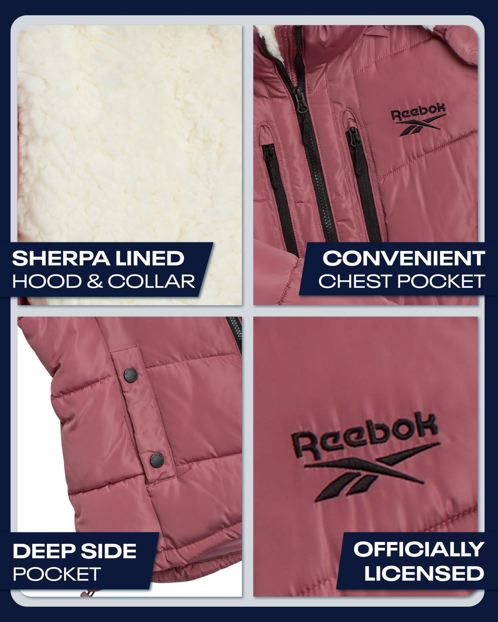 Reebok close-up of quilted body showing durable warmth retention