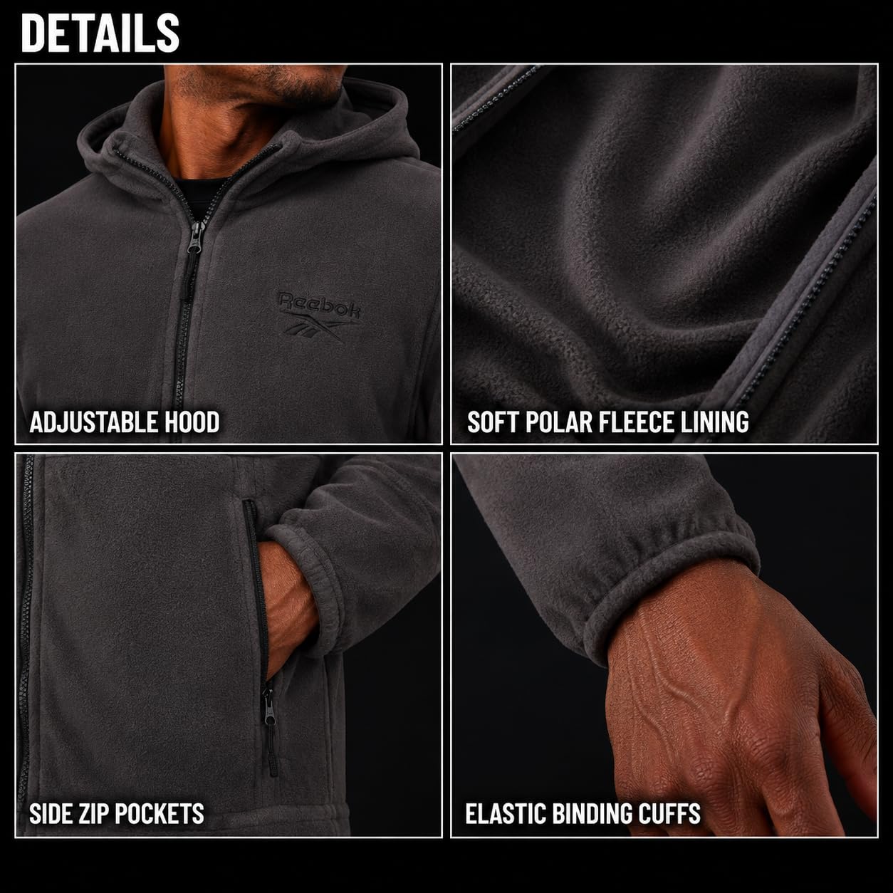 Reebok jacket on model outdoors showing true-to-size scale benefit
