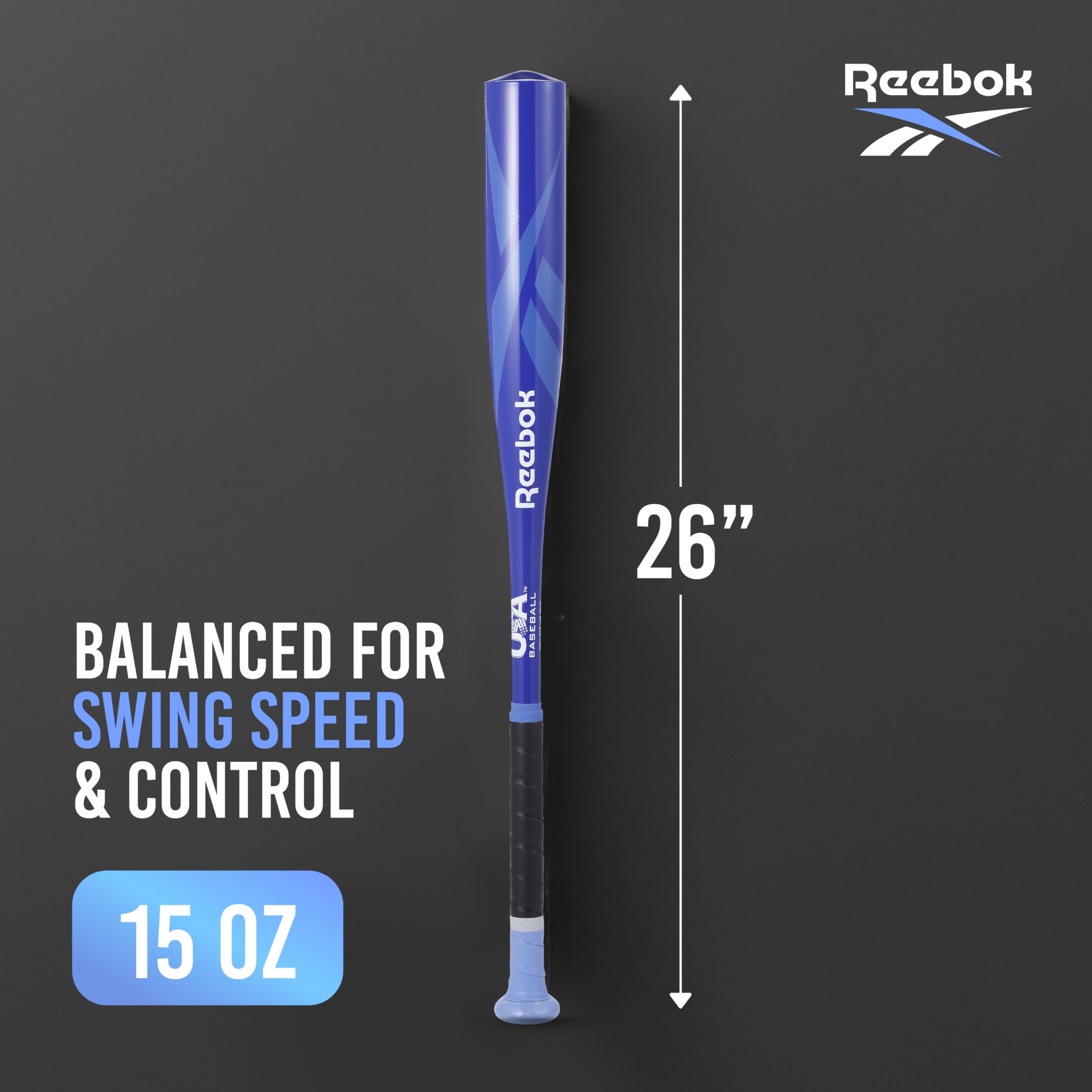 Reebok bat beside baseball for scale, 26-inch size clearly shown for youth fit