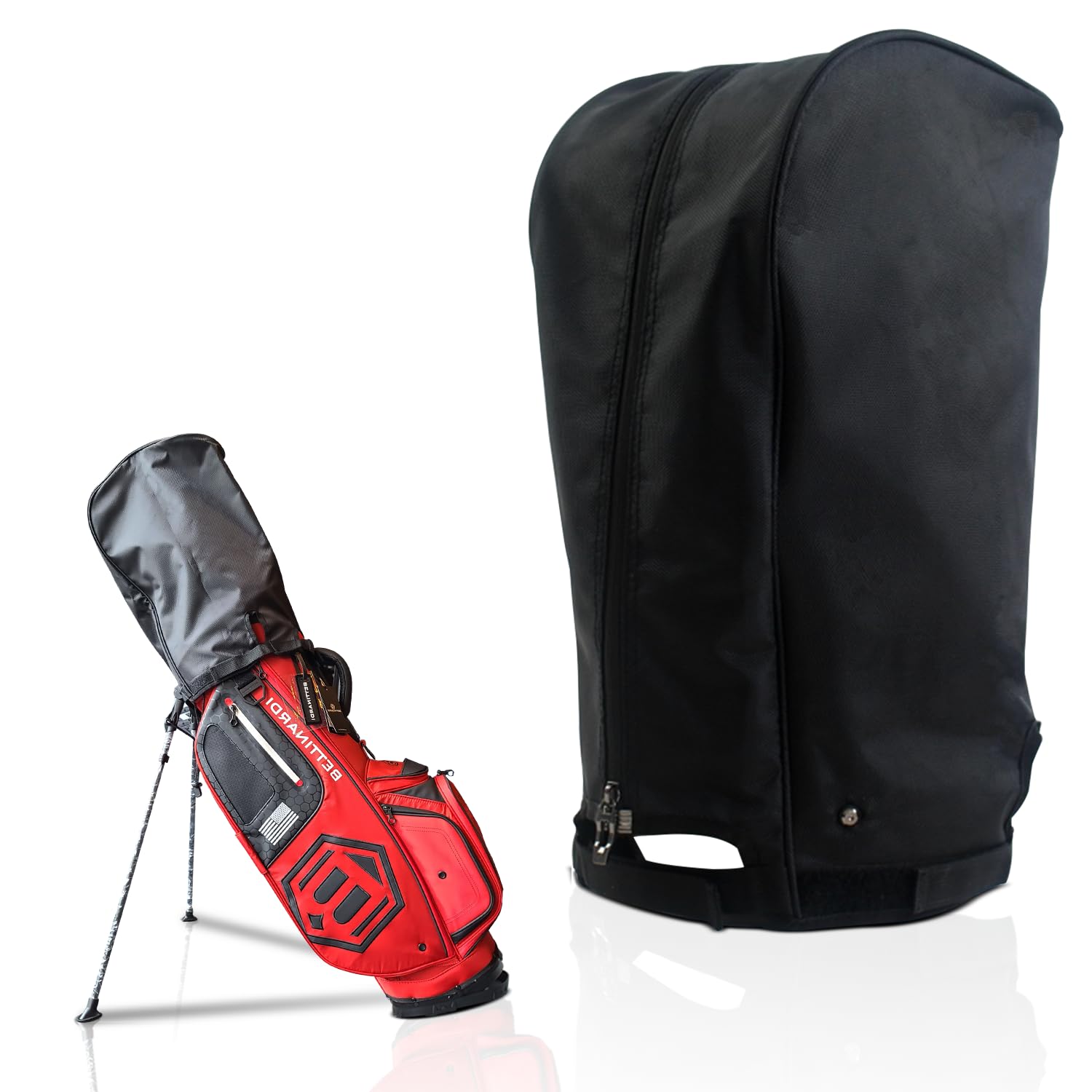 Regency front view showing full-coverage hood protecting clubs and bag
