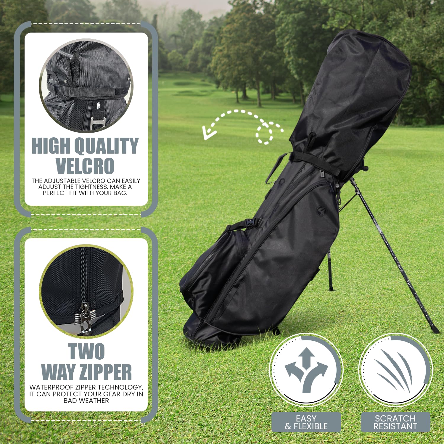 Regency hood installed on bag during rainy round for weather protection