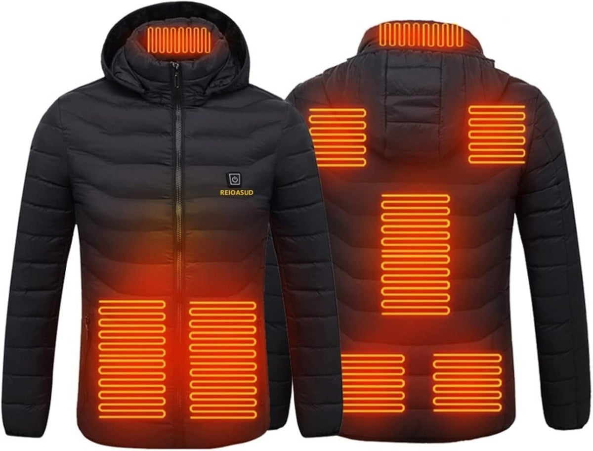 REIOASUD front view heated hoodie showing zip and hood, lightweight warmth