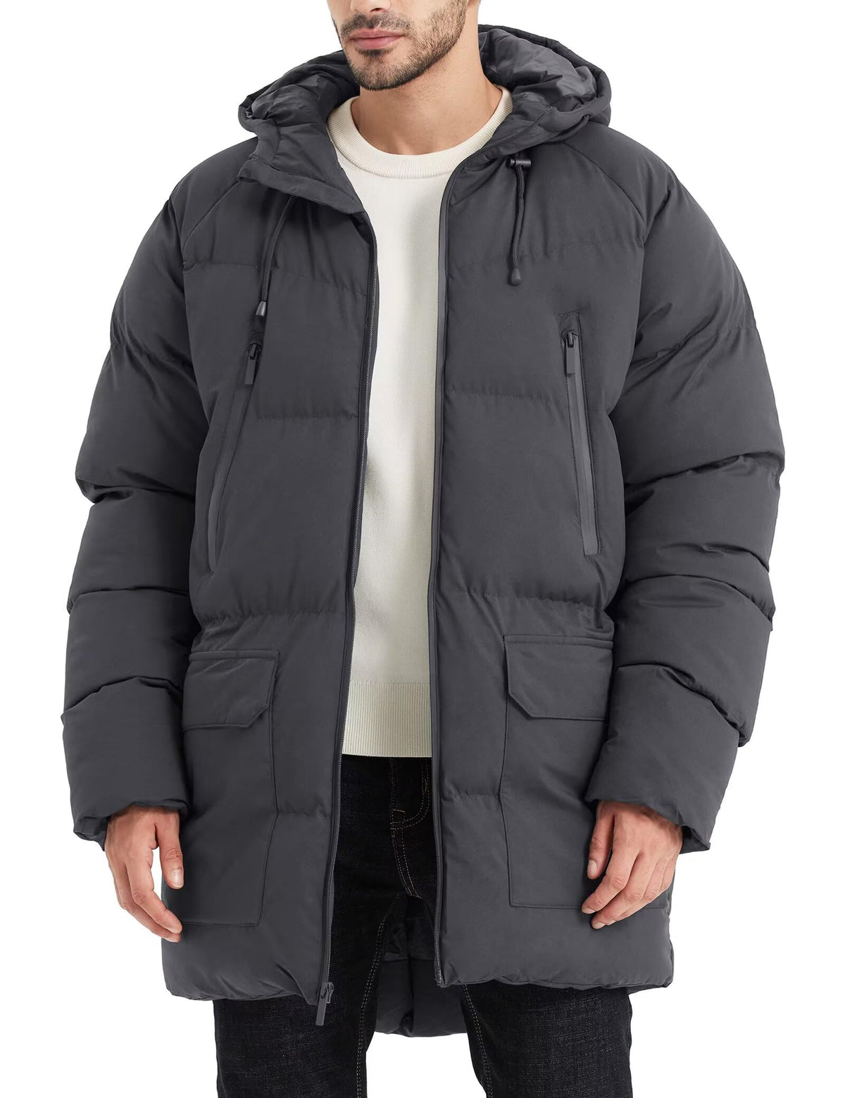 Rejork front view of long quilted parka showing clean silhouette and pockets for practical warmth