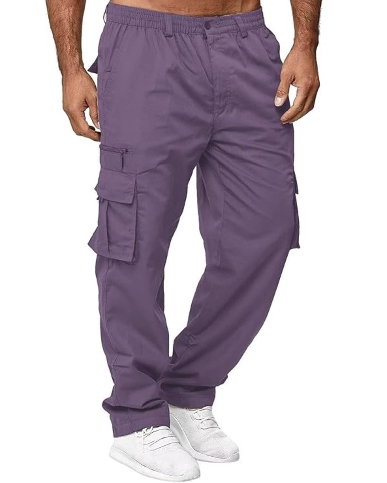 Rela Bota front view purple cargo pants showing silhouette and fit