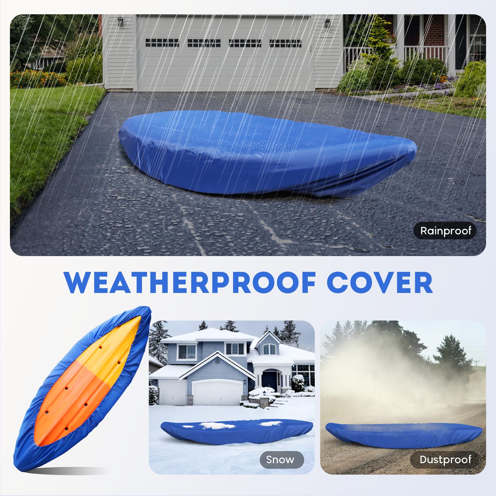 Relaxyee covered kayak stored by a lake illustrating outdoor protection