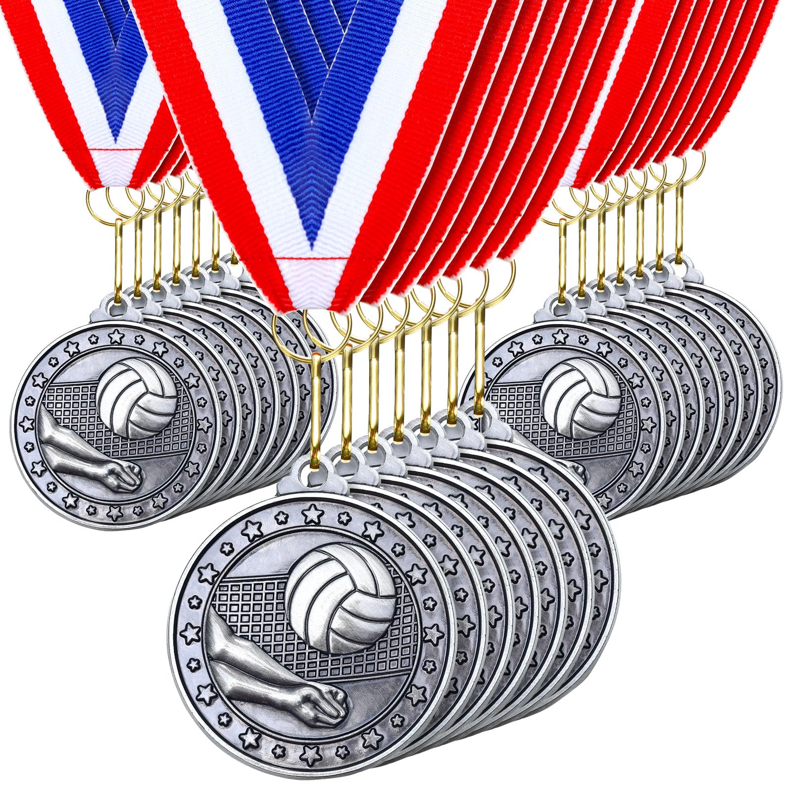 Remuuly front view of 30 silver volleyball medals showing uniform presentation and convenience