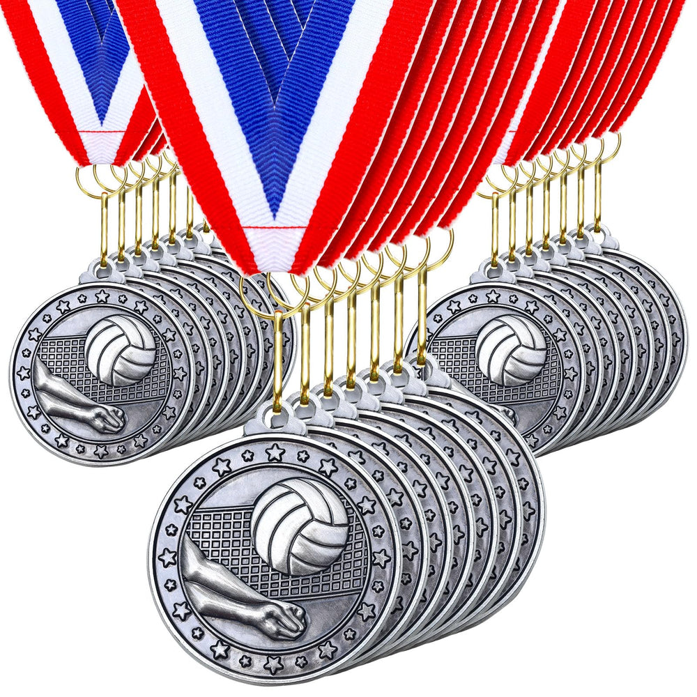 Remuuly front view of 30 silver volleyball medals showing uniform presentation and convenience