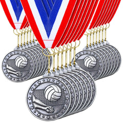 Remuuly front view of 30 silver volleyball medals showing uniform presentation and convenience