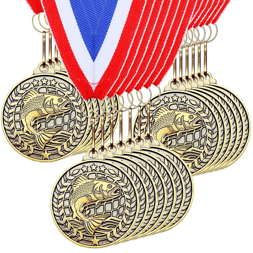 Remuuly front view of 30 gold fishing medals showing attractive presentation and readiness