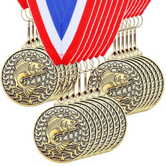 Remuuly front view of 30 gold fishing medals showing attractive presentation and readiness