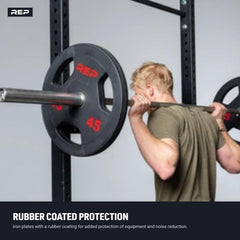 REP 5 lb plates loaded on an Olympic bar demonstrating compatibility and smooth fit