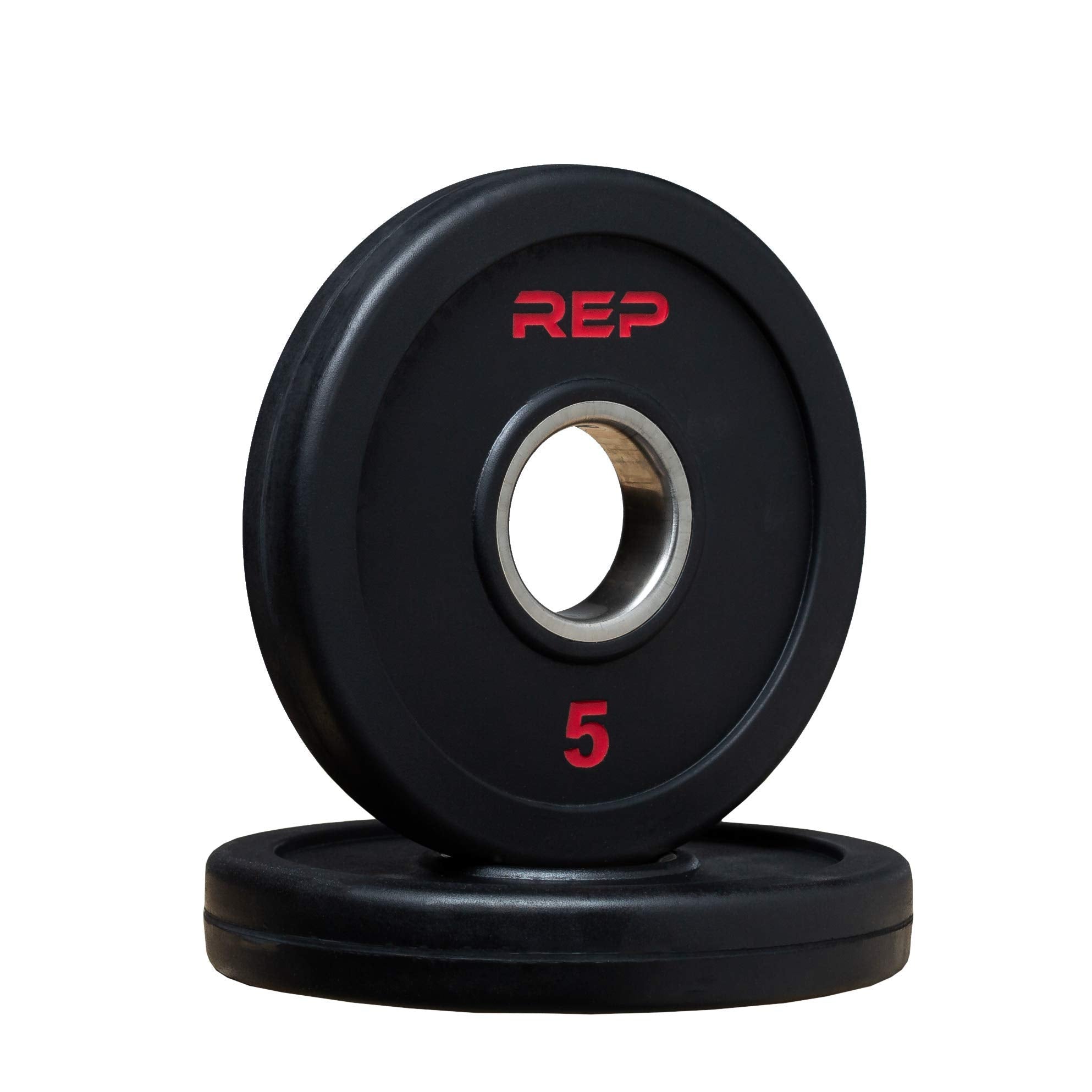 REP 5 lb plates front view showing pair and bright red markings for easy identification