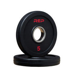 REP 5 lb plates front view showing pair and bright red markings for easy identification