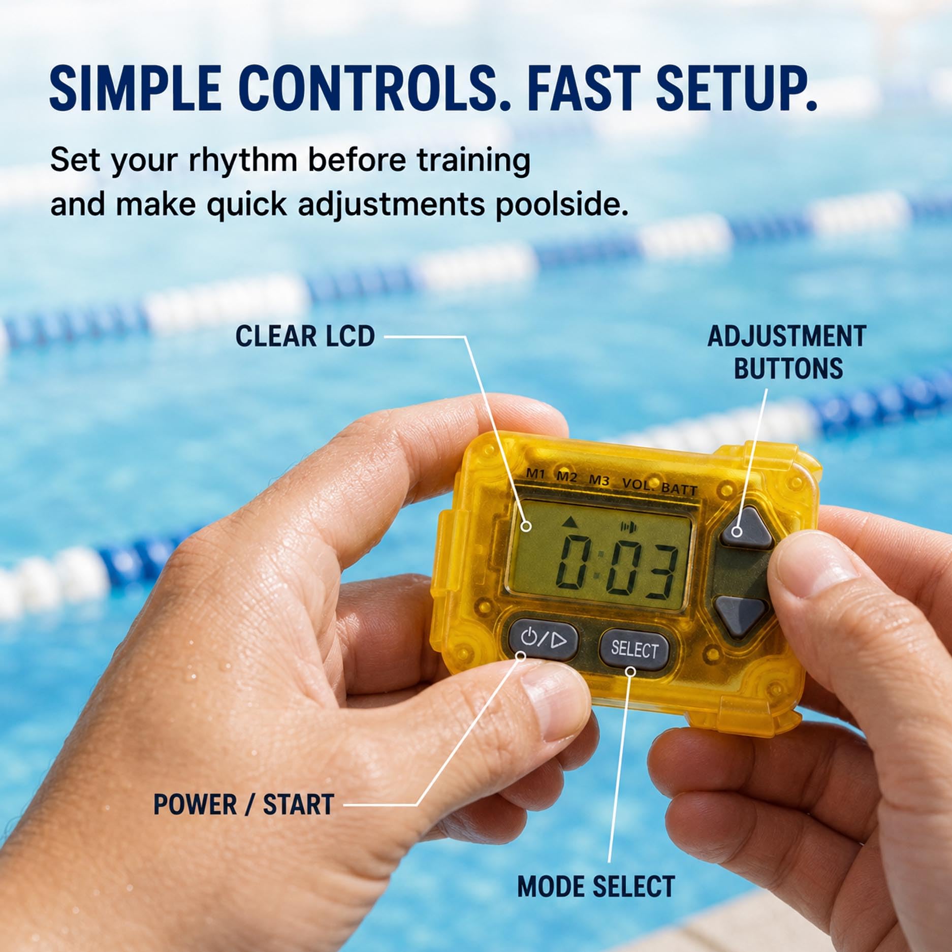 Resseor in use by swimmer in pool providing audible pacing for consistency