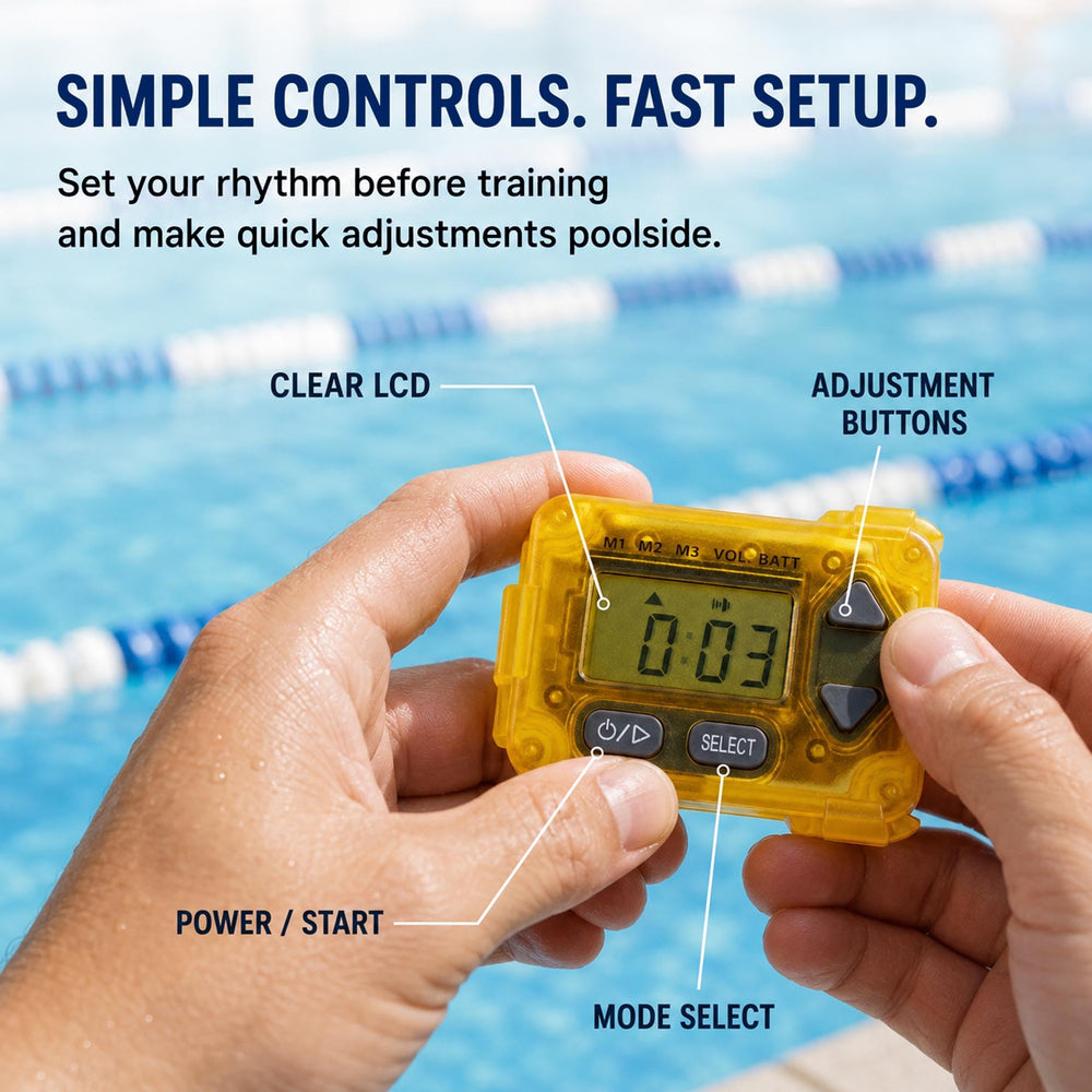 Resseor in use by swimmer in pool providing audible pacing for consistency