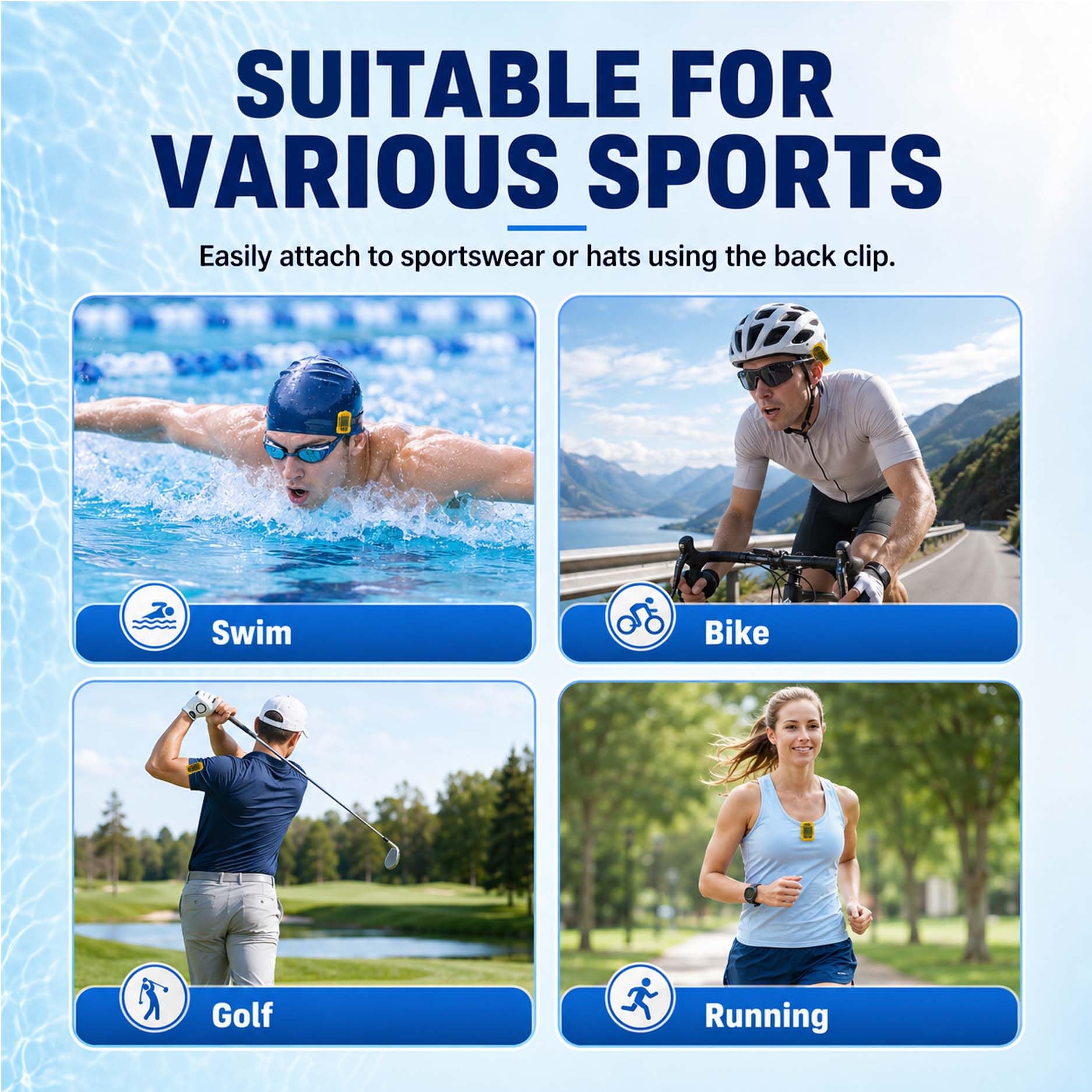 Resseor packaging and accessories layout including clip for multi-sport use